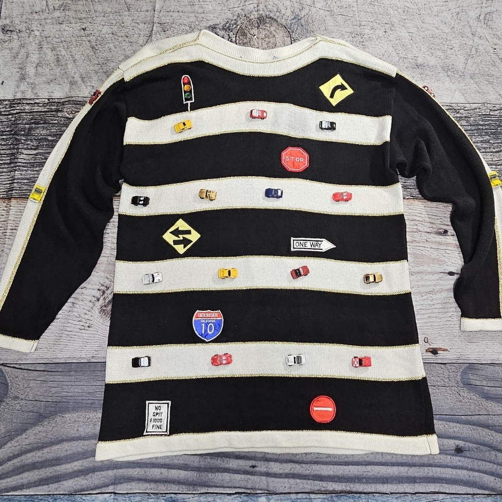 Vintage Sandylo Racing Cars Cardigan One Size Sweater Embroidered 80s 90s Style